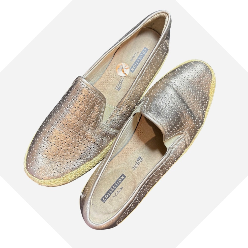 Clarks Collection Bronze Metallic Perforated Espadrille Loafers Womens 8.5‎